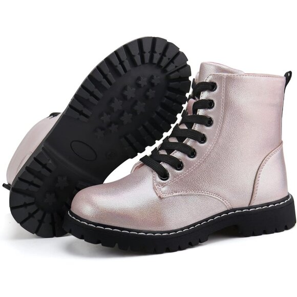 Kids Pink Ankle Boots Boys Girls Side Zipper Lace Up Work Boots Combat Boots - Picture 6 of 7